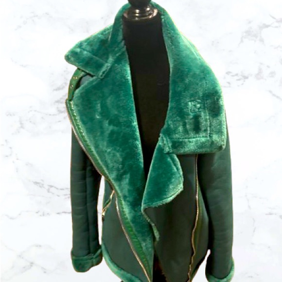 Green leather jacket faux fur - Picture 1 of 1